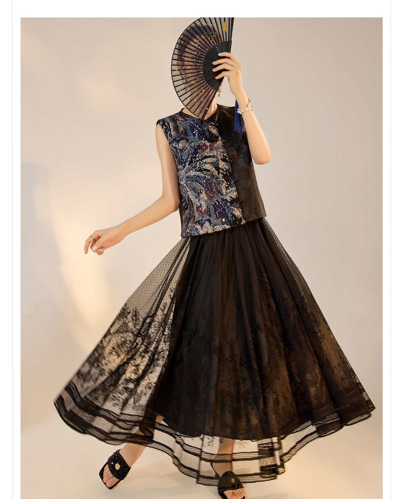 Áo vest nữ phong cách Trung Hoa mới 2026, thiết kế thêu sequin, chất rayon sang trọng — Đen, Màu huyền ảo, Xanh lam chi tiết 36