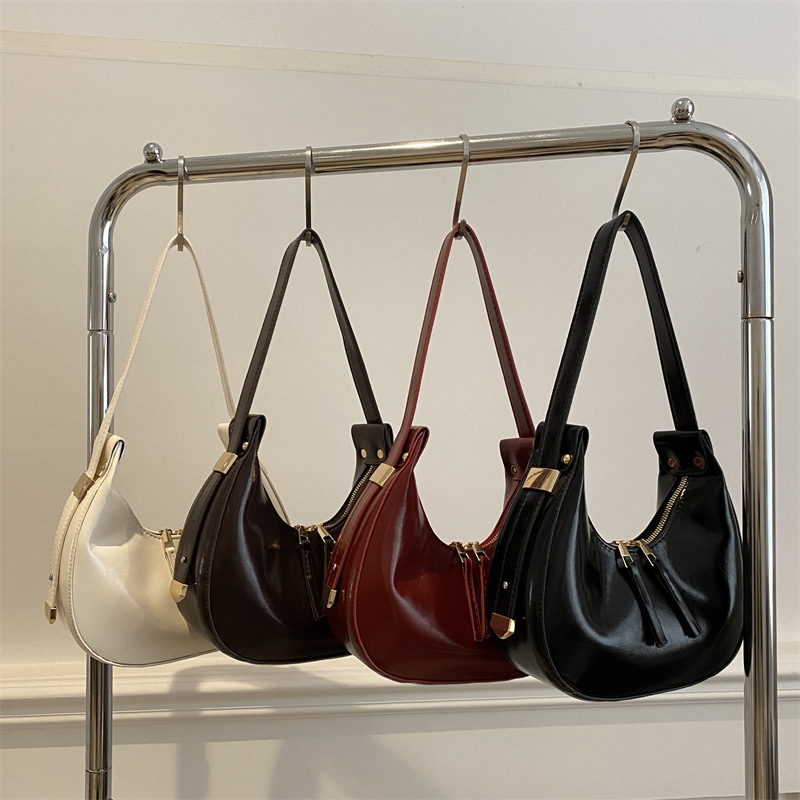 Bolsa de hombro de mujer brillante, doble cremallera, bolso de brazo, bolso de media luna, bolso de tendencia, bolso de nicho, bolso de mano.