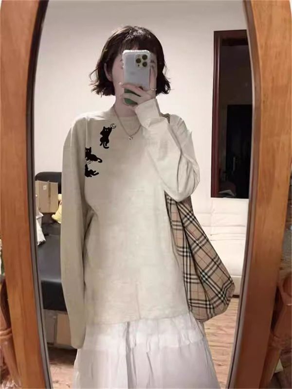 春秋灰色宽松长袖t恤女2025新款爆款早秋chic百搭上衣内搭打底衫|undefined