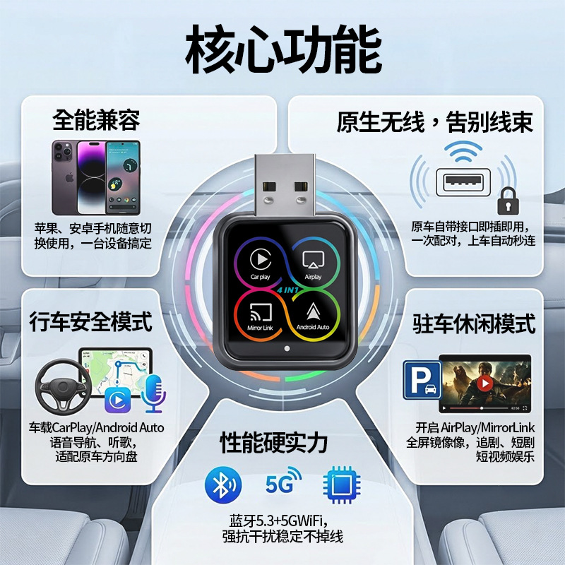 Factory direct 4-in-1 wired to wireless CarPlay box for car Apple and Android screen mirroring and connectivity