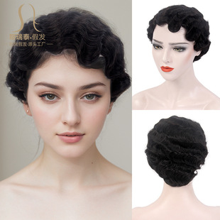 Night Shanghai Republic of China Style Wig with Cheongsam Hairstyle Water Ripple Short Roll Hong Kong Style Performance Universal Big Wave Full Head Cover