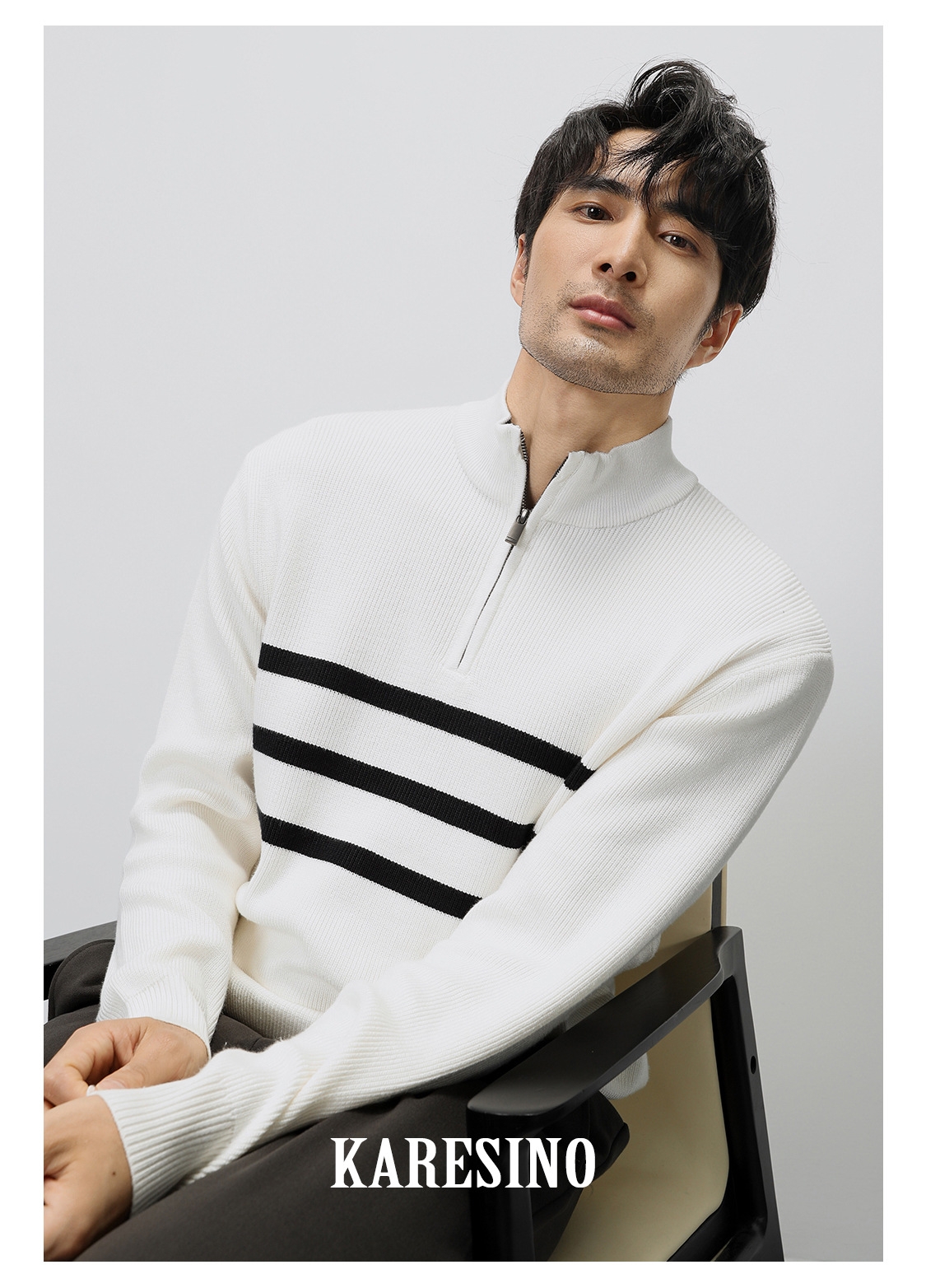 Herren-Strickpullover mit Halbreißverschluss | Gestreifter Business-Casual-Pullover mit atmungsaktivem Stoff (Schwarz/Weiß, M-XXXL)_voghion.com