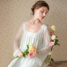 长袖棉睡裙女春复古宫廷风公主性感蕾丝方领长款睡衣外穿家居服秋