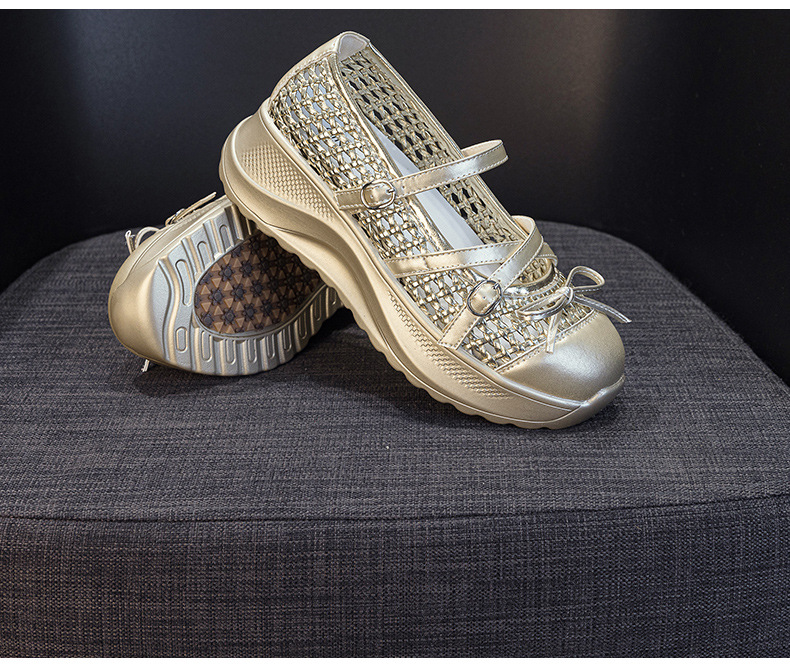 Giày sneaker nữ chunky đế dày dệt kim thoáng khí, phong cách Hàn Quốc, quai chéo, đế dày — Trắng 5097, Vàng 5097, Đen 5097 chi tiết 14
