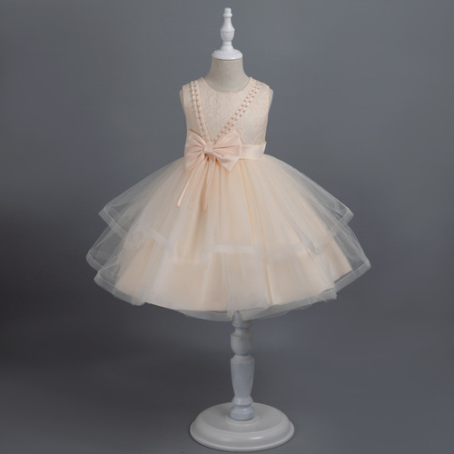 Children's formal dress, princess-style gown with a modern flair—perfect for piano performances or hosting events; birthday-inspired, netted, voluminous evening wear; flower girl's short skirt.