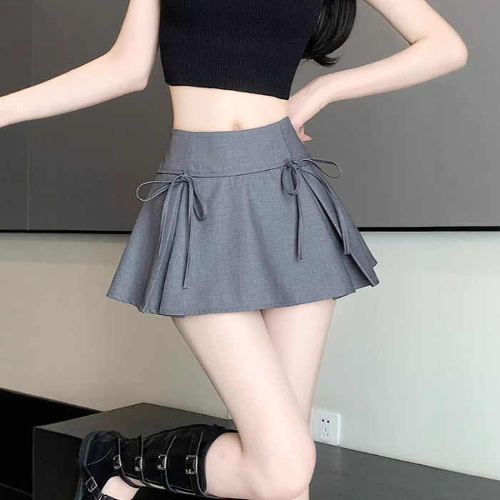 Bow Lace-up Low-waist Hot Girl Skirt Women's Retro College Style Anti-glare Suit Short Skirt A- line Mini Skirt