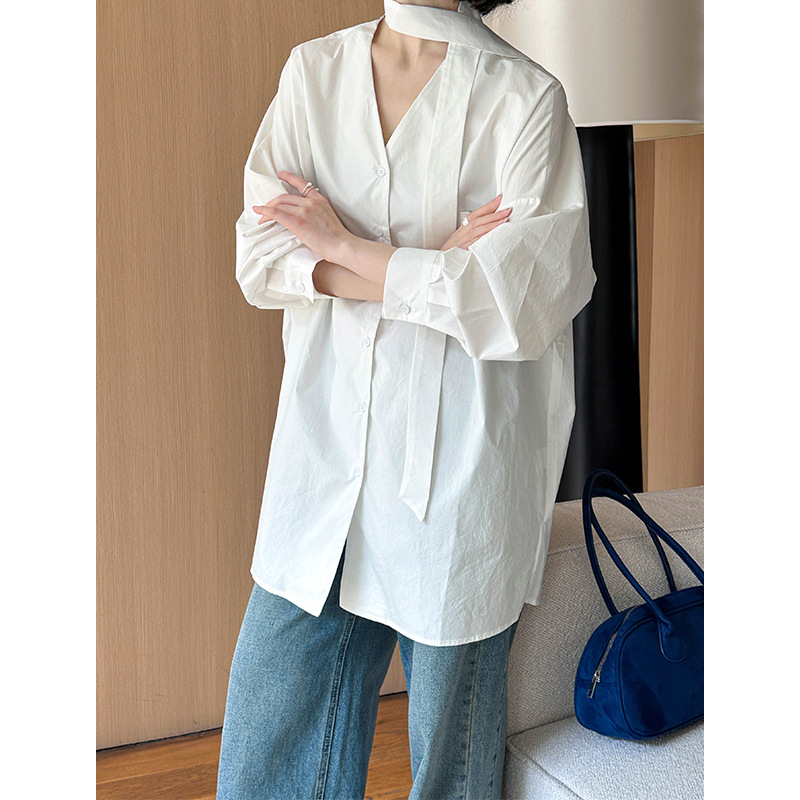 Juzhi Spring New Korean Style Design Solid Color Halter V-Neck Long Slimming Shirt Women's Top 6680-1