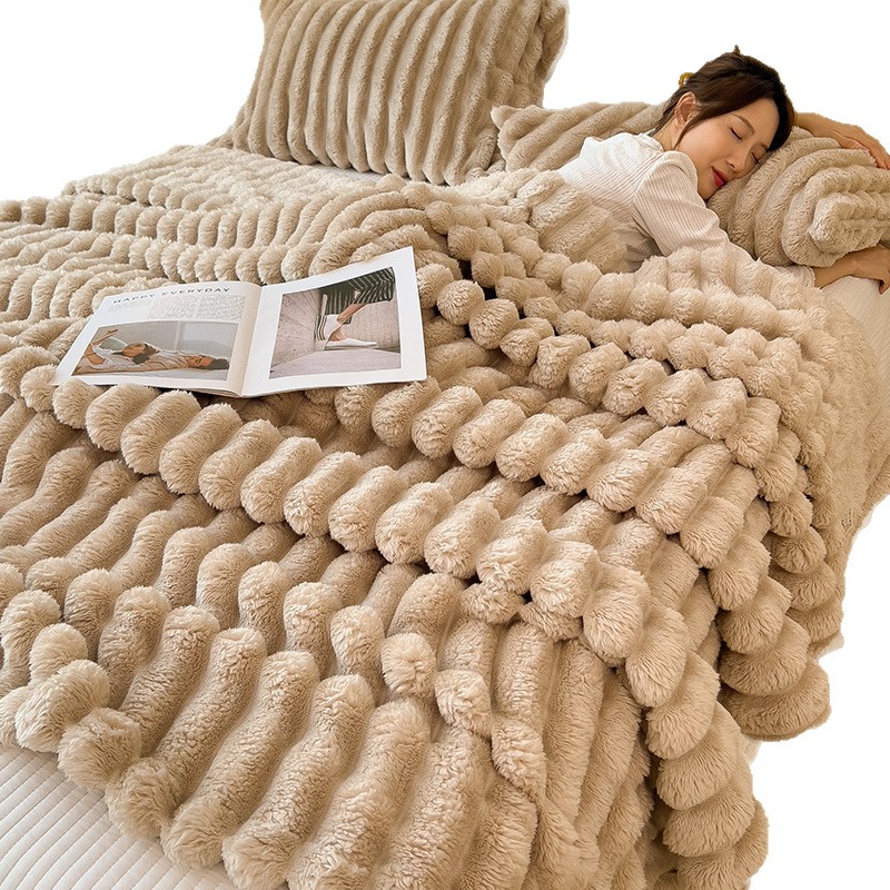 Invierno de doble cara conejo mantas de oficina sofá grueso mantas de coral estriado antiestático sólido mantas de coral