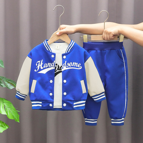 Spring Boys New Baseball Collar Long Sleeve Set Autumn Boys Trendy Letter Print Casual Fashion Three-Piece Set