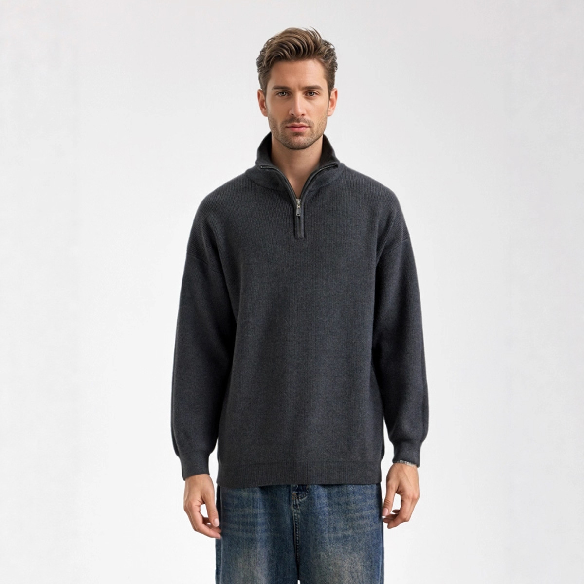 Suéter de hombre transfronterizo otoño y invierno nuevo estilo americano perezoso viento medio cremallera suelta plummet de color sólido suéter de hombre