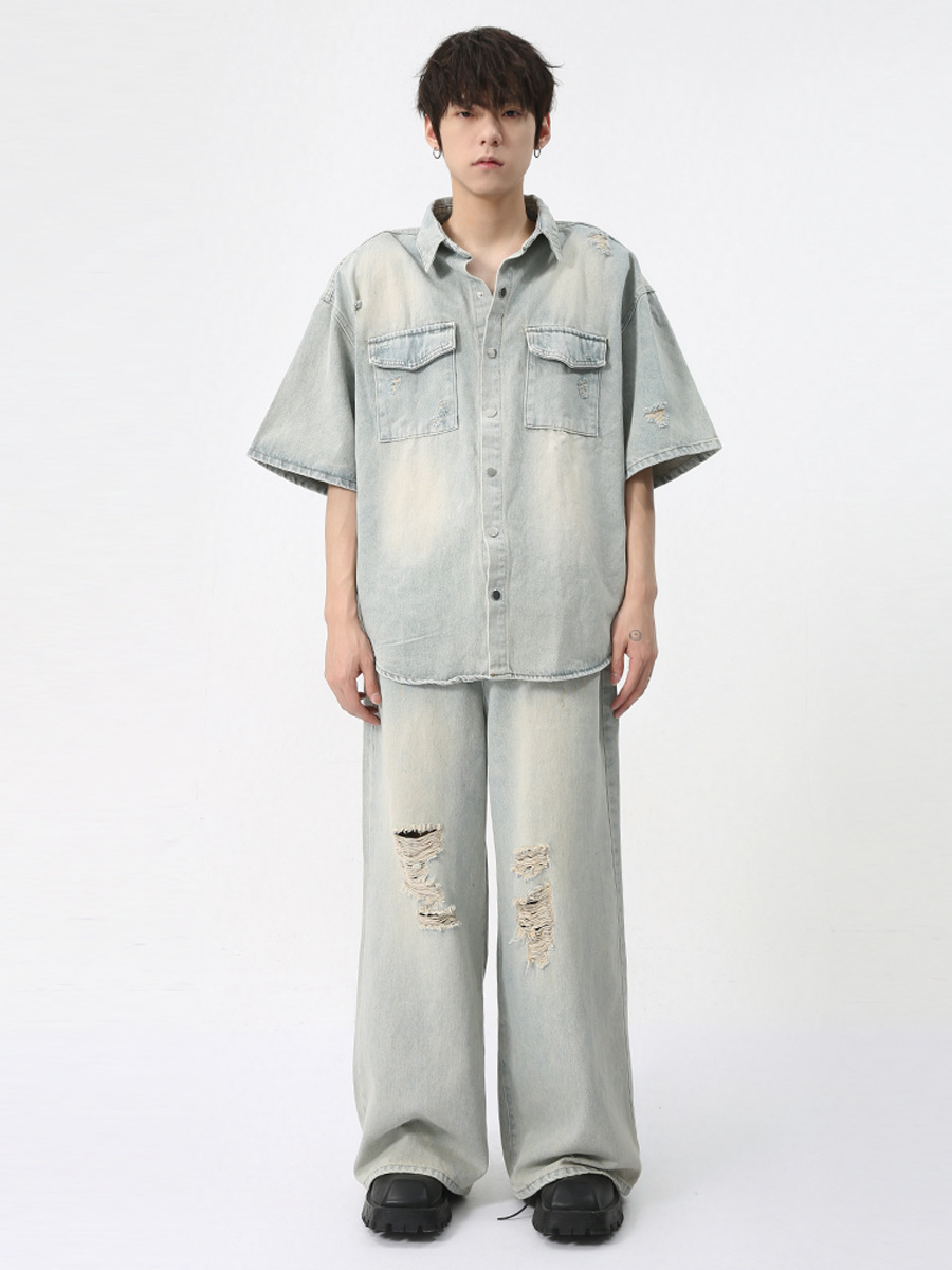 MTLCLOTHES Ropa de hombre | 2024 primavera nuevo producto japonés lavado y viejo traje de mezclilla pantalones rasgados guapos marea