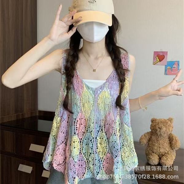 Bohemian Retro Rainbow Gradient Knitted Vest for Women Summer Crocheted Cut Out Outer Blouse V Neck Vest