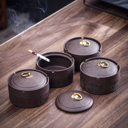 Purple sand ceramic ashtray with lid, windproof ashtray, creative business gift, hotel bar cigarette set decoration