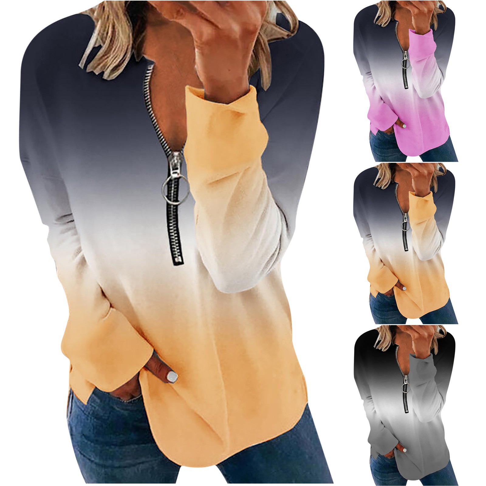 2025 New Women's Round Neck Zipper Long Sleeve Top Gradient Color Printed T-Shirt Sweatshirt For Women_voghion.com