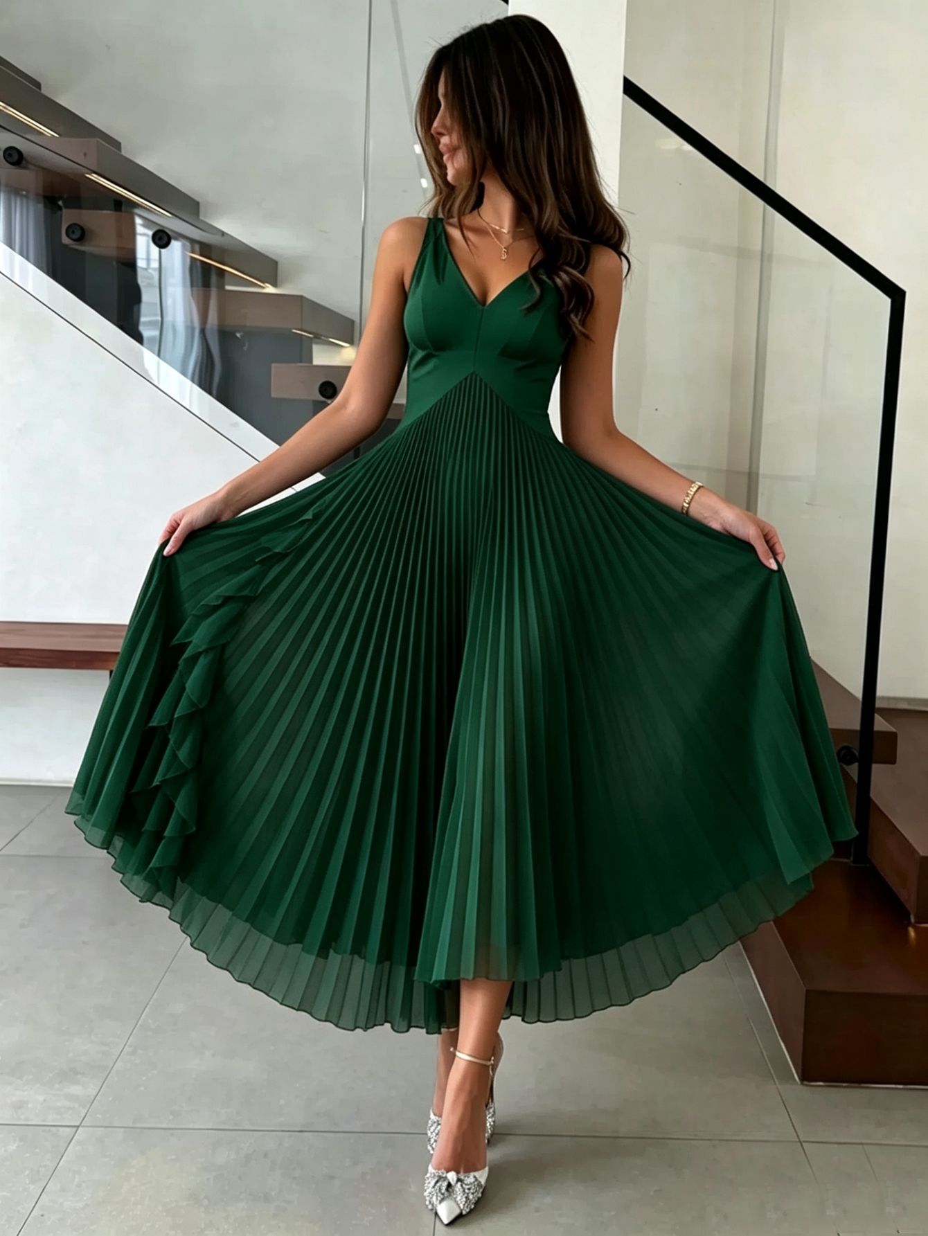 972W Europa y Estados Unidos vestido largo transfronterizo elegante plegado temperamento sin mangas plegado chiffon vestido de fiesta vestido largo