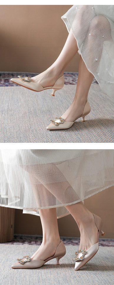 Giày cao gót nữ mũi nhọn gót 6–8 cm khoét hở gót, khóa trang trí đính đá, kiểu mới — Màu be, Màu hồng chi tiết 9