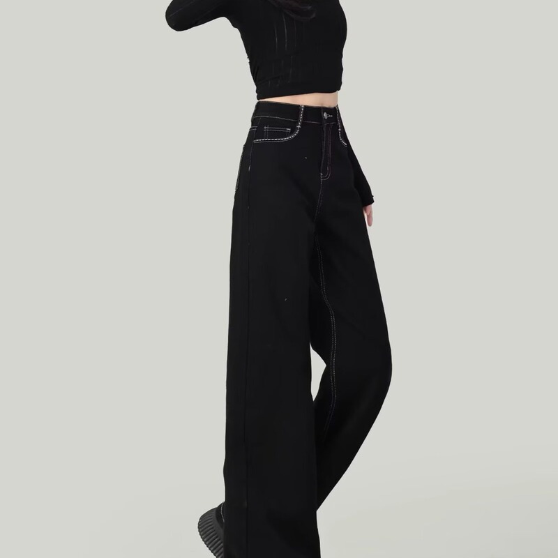 Black American-Style High-Waisted Straight-Leg Jeans for Women, 2026 Spring and Autumn New Style, Petite Loose Fit, Slimming Stretch Wide-Leg Pants Black American-Style High-Waisted Straight-Leg Jeans for Women, 2026 Spring and Autumn New Style, Petite Loose Fit, Slimming Stretch Wide-Leg Pants