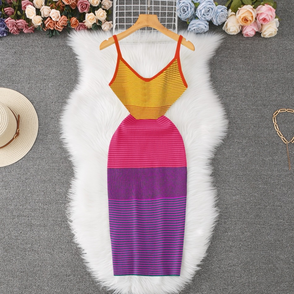 2025夏季新款复古彩虹条纹针织吊带连衣裙欧美气质露背性感包臀裙