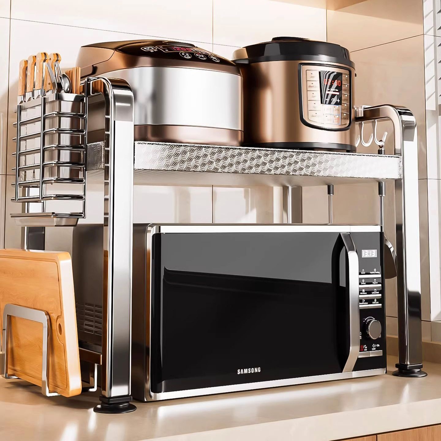 Stainless steel high-end microwave oven rack, kitchen storage rack, countertop stand for rice cooker and oven, multifunctional storage rack