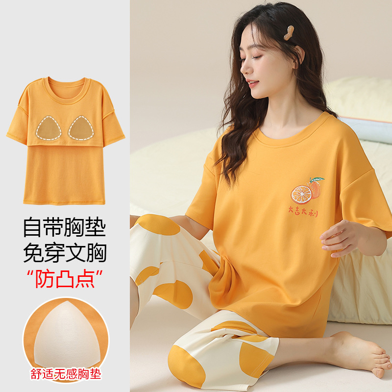Women's pajamas with chest pad summer cotton short-sleeved cropped pants home wear thin summer casual outerwear plus size suit
