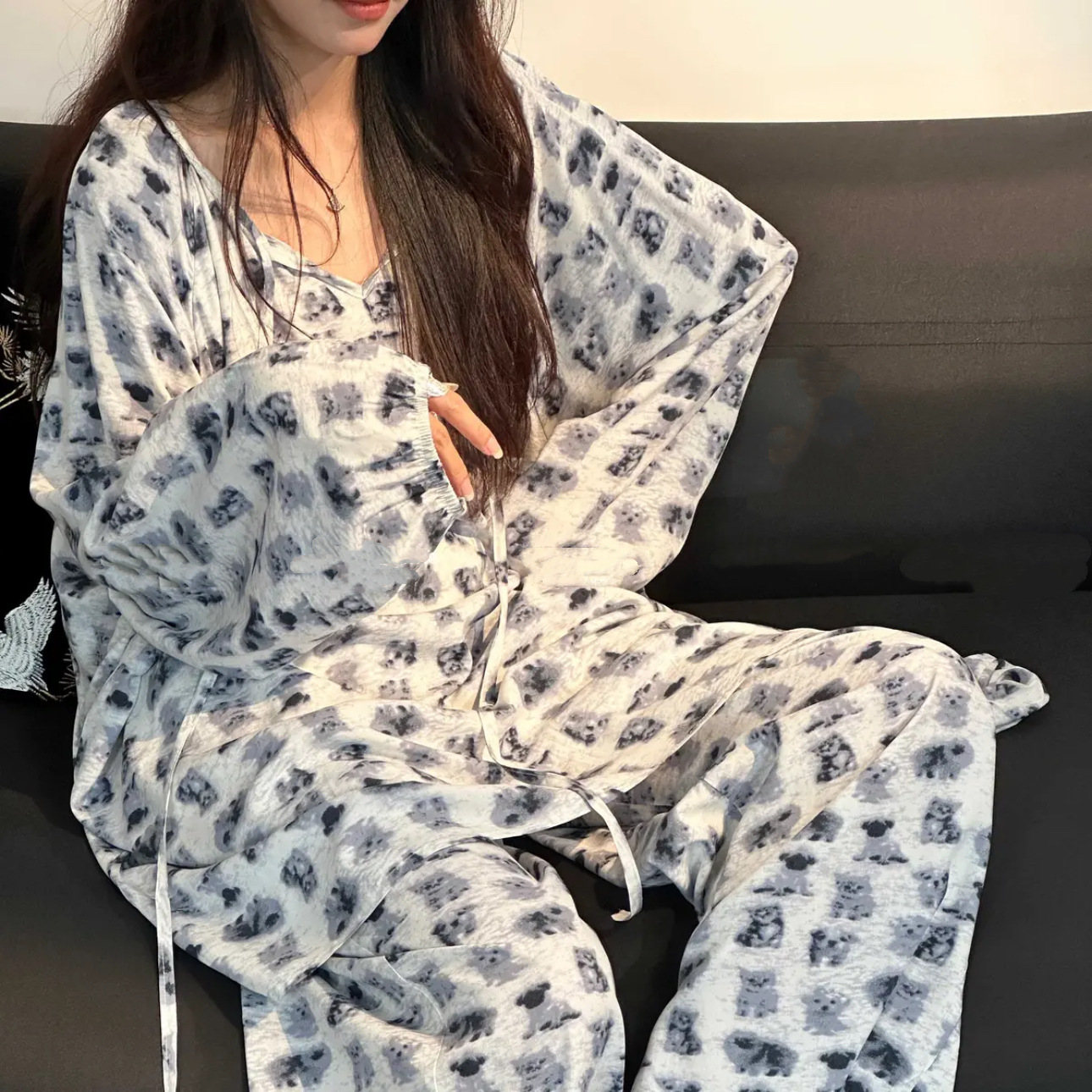 [Traje de casa de bolsillo] Pijamas de seda de algodón de primavera y verano, mangas de linterna de estilo nacional femenino, pantalones de manga larga de algodón, servicio a domicilio