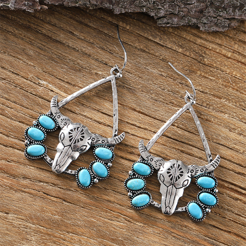 Zinc alloy Material Bull Head Pattern Women's Gender 1 Pair Classical Ethnic Style Bull Head Plating Inlay Zinc Alloy Turquoise Drop Earrings
