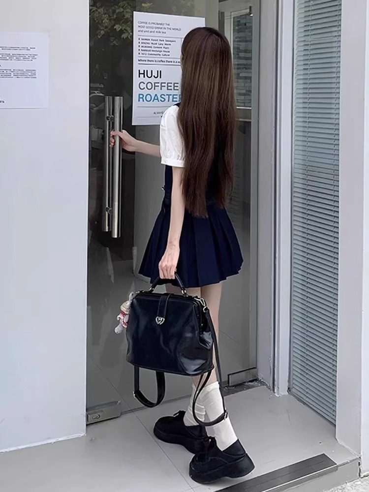 아카데미 스타일 슈트 여름 새로운 디자인 하이 웨이스트 슬림 반팔 셔츠 서스펜더 플리츠 드레스 투피스 세트