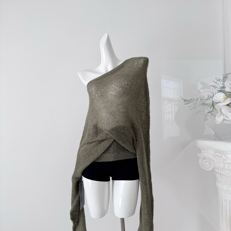 Ouyang Unboxing Apparel 'Tundra Green Super Fern!' Matte Mohair Off-Shoulder Hollow Knit Long-Sleeve Cardigan Ouyang Unboxing Apparel 'Tundra Green Super Fern!' Matte Mohair Off-Shoulder Hollow Knit Long-Sleeve Cardigan