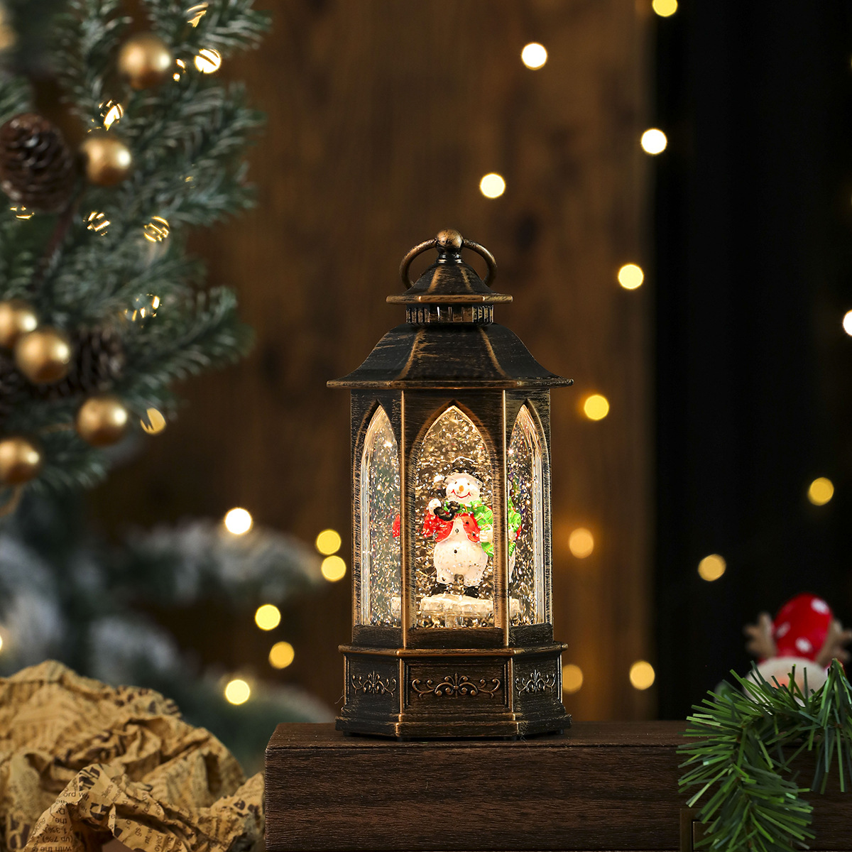 Nueva lámpara de aceite de inyección de agua hexagonal de nieve giratoria luminosa, decoración de caja de música, decoración de regalo de Navidad, linterna
