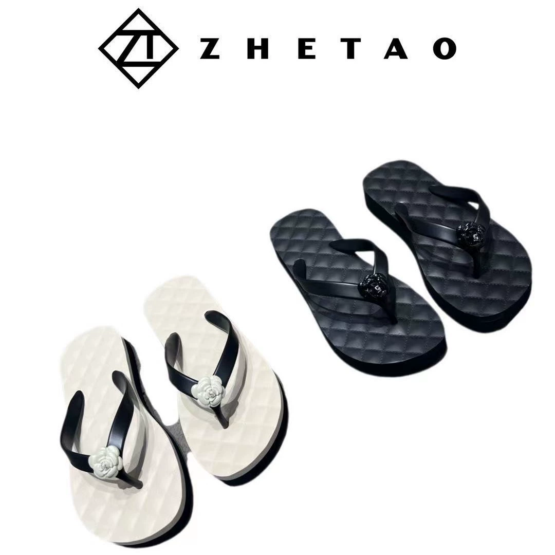 Новые шлепанцы ZHETAO2024 на толстой подошве, пляжные сандалии-вьетнамки в стиле Chanel, дышащие и нескользящие.