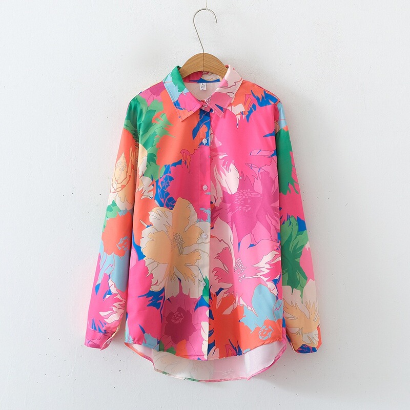 European and American style women's new flower printed loose lapel long sleeve fashion shirt European and American style women's new flower printed loose lapel long sleeve fashion shirt