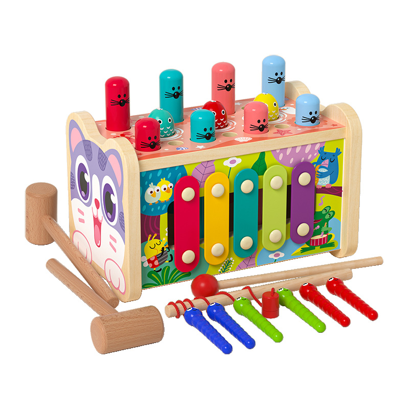 Niños de madera bicolor multifuncional con cinco lados de la enseñanza temprana golpea la harina para atrapar los gusanos mano-ojos coordinación juguete de puzzle