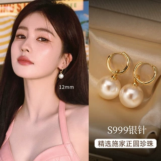 S999纯银针施家珍珠耳环耳扣2025新款爆款珍珠耳坠轻奢高级耳饰潮