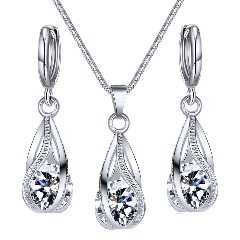 Cross-border hot selling zircon crystal jewelry suit women's European and American retro creative design rotating water drop necklace earrings fashion