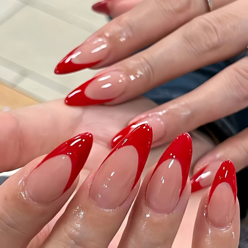 Cross-Border 24-Piece Wearable Nails, Red French Water Drop Nails, White French Almond Wearable Nails, Manicure Wearable Nails