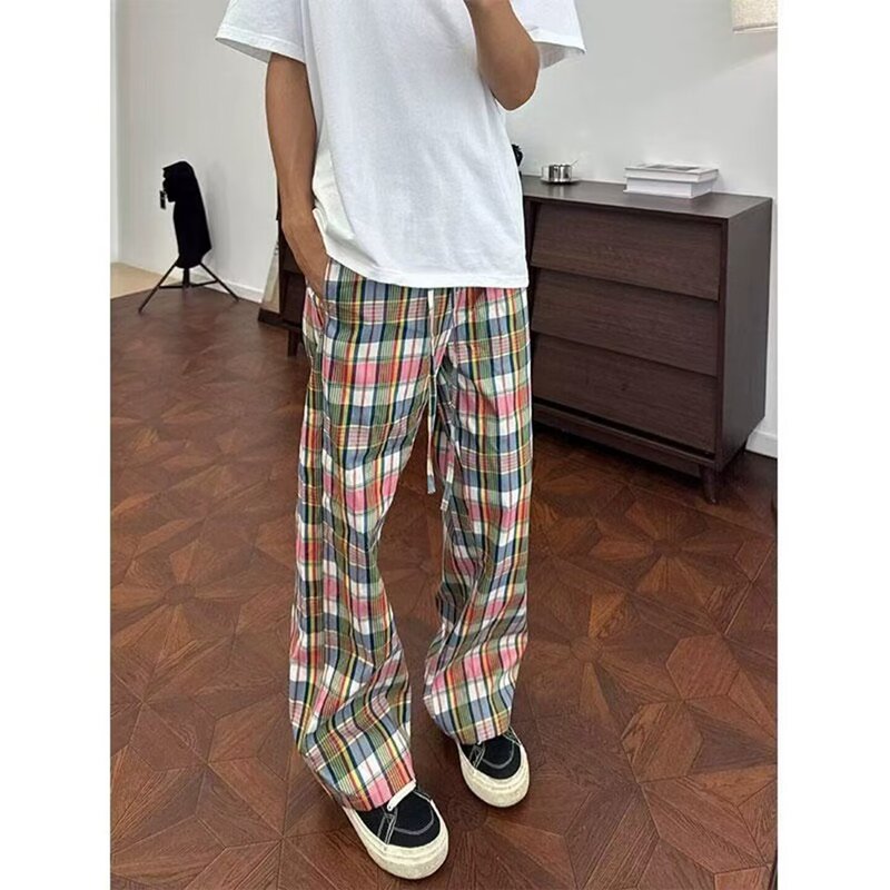 New Spring and Autumn American Retro Plaid Casual Pants for Men, Workwear Pants with Contrasting Colors, Pleated Slightly Flared Trendy Straight-Leg Pants