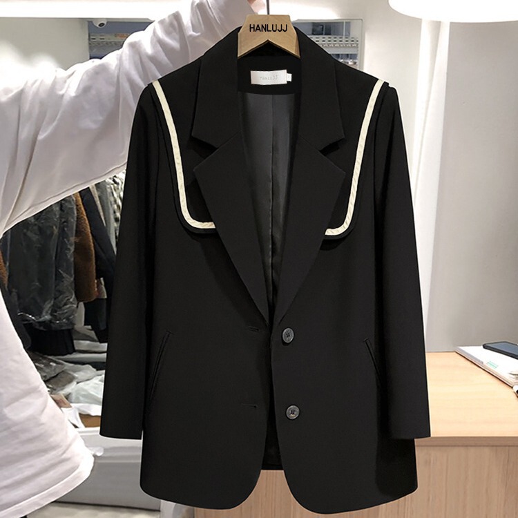 Xz128-small suit jacket women's plus size women's clothing fat mm200kg contrast color ribbon navy collar loose suit