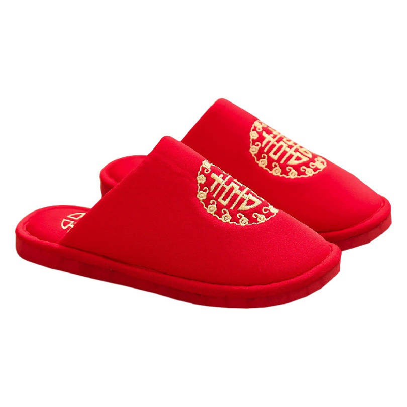 Свадебные хлопковые тапочки, женские зимние домашние Свадебные теплые плюшевые Нескользящие туфли с мягкой подошвой, праздничные большие красные хлопковые туфли для пар