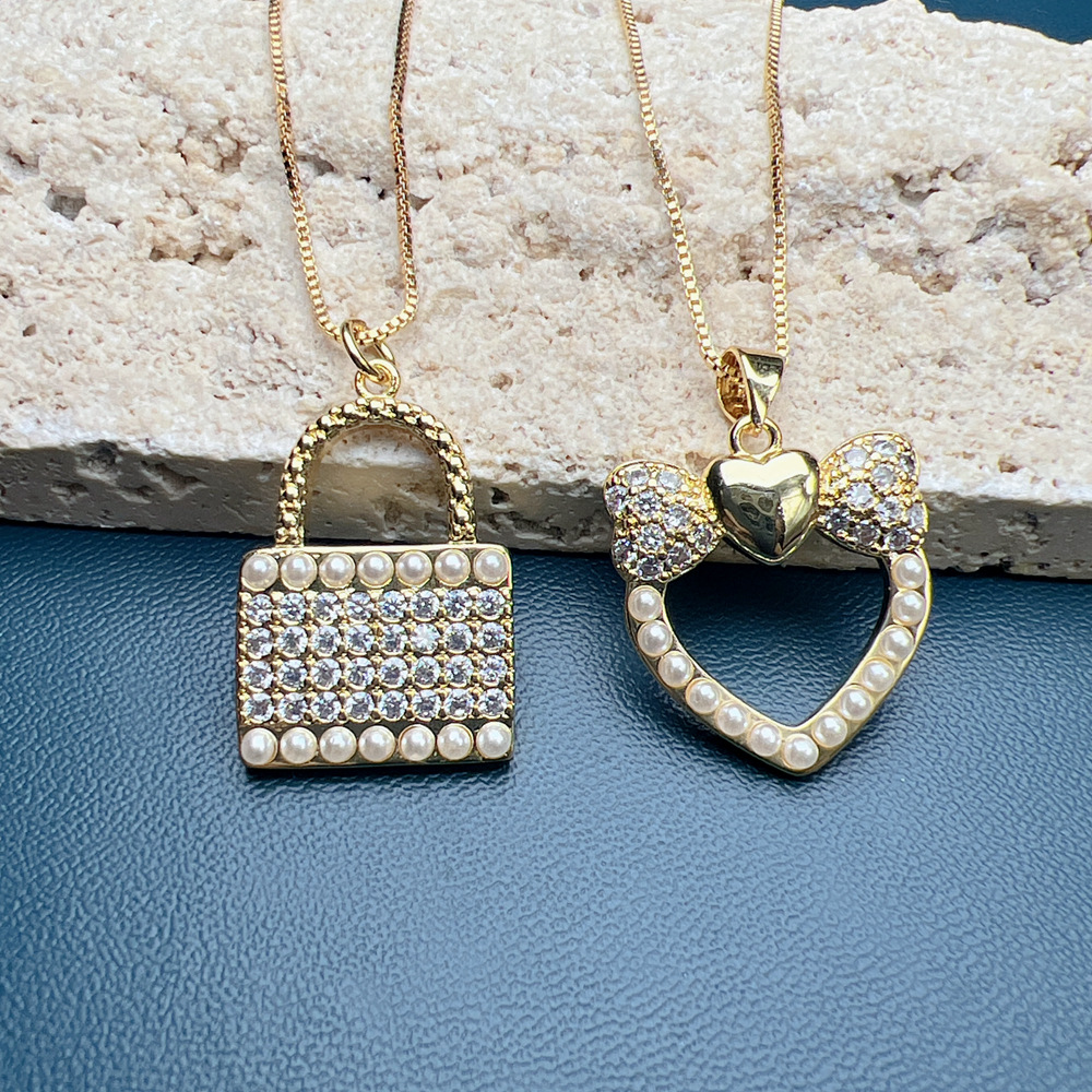 Pendant Necklace Classification Simple Style Geometric Heart Shape Lock Copper Artificial Pearls Zircon Pendant Necklace In Bulk