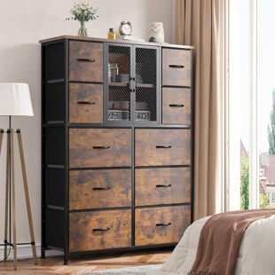 Bedroom High Dressing Table with Mesh Door Drawer Cabinet with 10 Fabric Drawers Modern Storage Storage Cabinet
