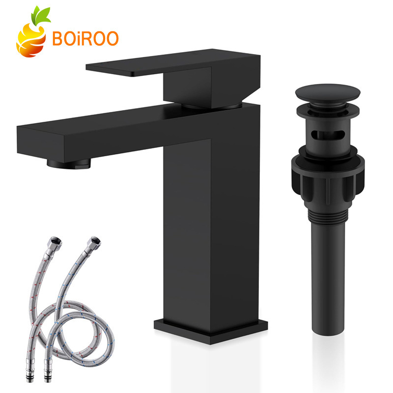 Amazon's Popular Square Basin Faucet Bathroom Basin with Drain Wash Basin Faucet Black Hot and Cold Water