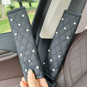 Car leather black shoulder pads with rhinestones, car shoulder pad covers, metal crown with rhinestones shoulder pad covers (set of two)