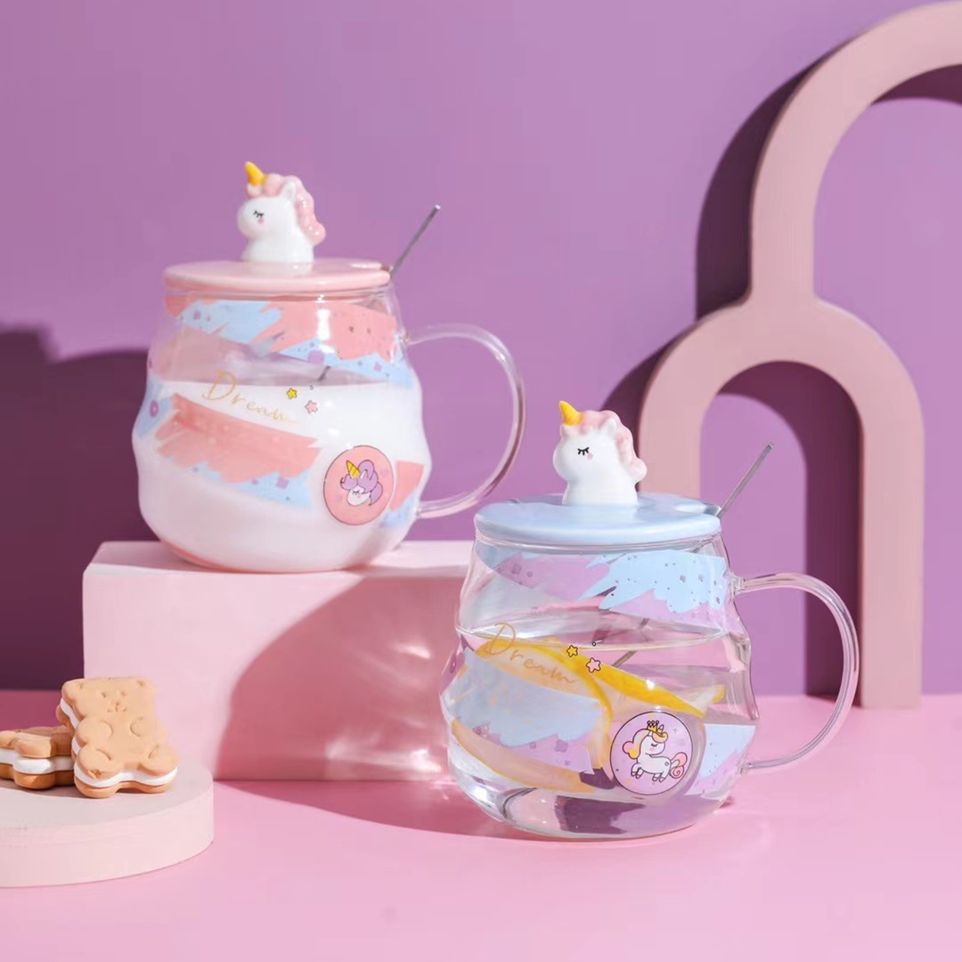 Creativo espiral taza unicornio 3D taza de dibujos animados con tapa cuchara vidrio transparente taza de agua taza de la Oficina