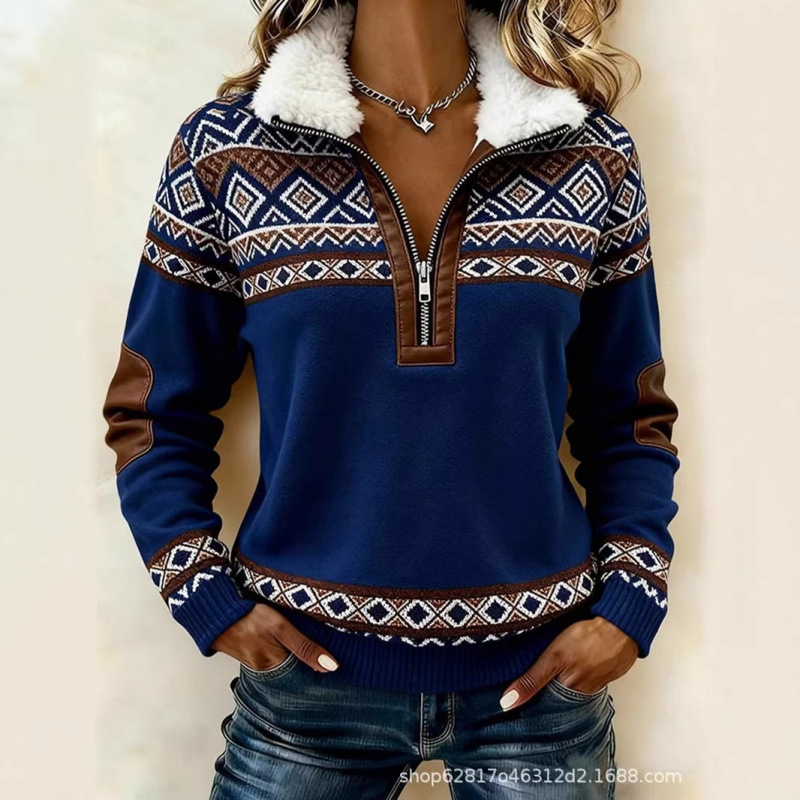 New autumn/winter collection: Amazon cross-border European and American style oversized sweatshirts with faux fur collars, zipper details, and Western-style prints New autumn/winter collection: Amazon cross-border European and American style oversized sweatshirts with faux fur collars, zipper details, and Western-style prints
