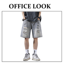 复古牛仔短裤男宽松大码五分破洞裤美式休闲潮牌夏季中裤高街