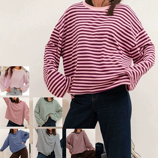 2026 秋季新款条纹长袖T恤女宽松圆领上衣气质优雅日韩休闲针织衫