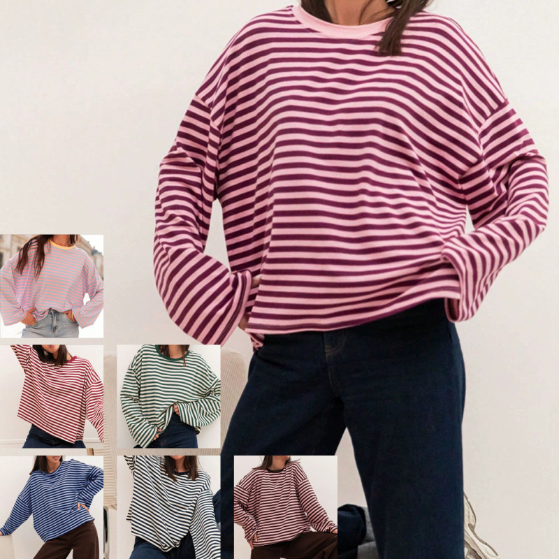2026 Autumn New Striped Long Sleeve T-Shirt for Women, Loose Round Neck Top, Elegant and Stylish Japanese and Korean Casual Knitwear 2026 Autumn New Striped Long Sleeve T-Shirt for Women, Loose Round Neck Top, Elegant and Stylish Japanese and Korean Casual Knitwear