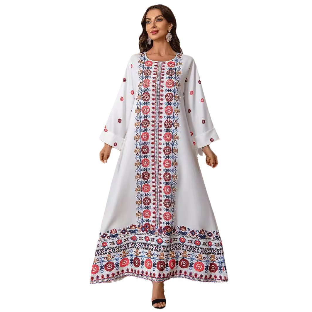 ZD028 Cross-border Middle Eastern Foreign Trade Muslim Ethnic Long Dress With Printed Gold Foil And Beading Elegant_ecoleips.com