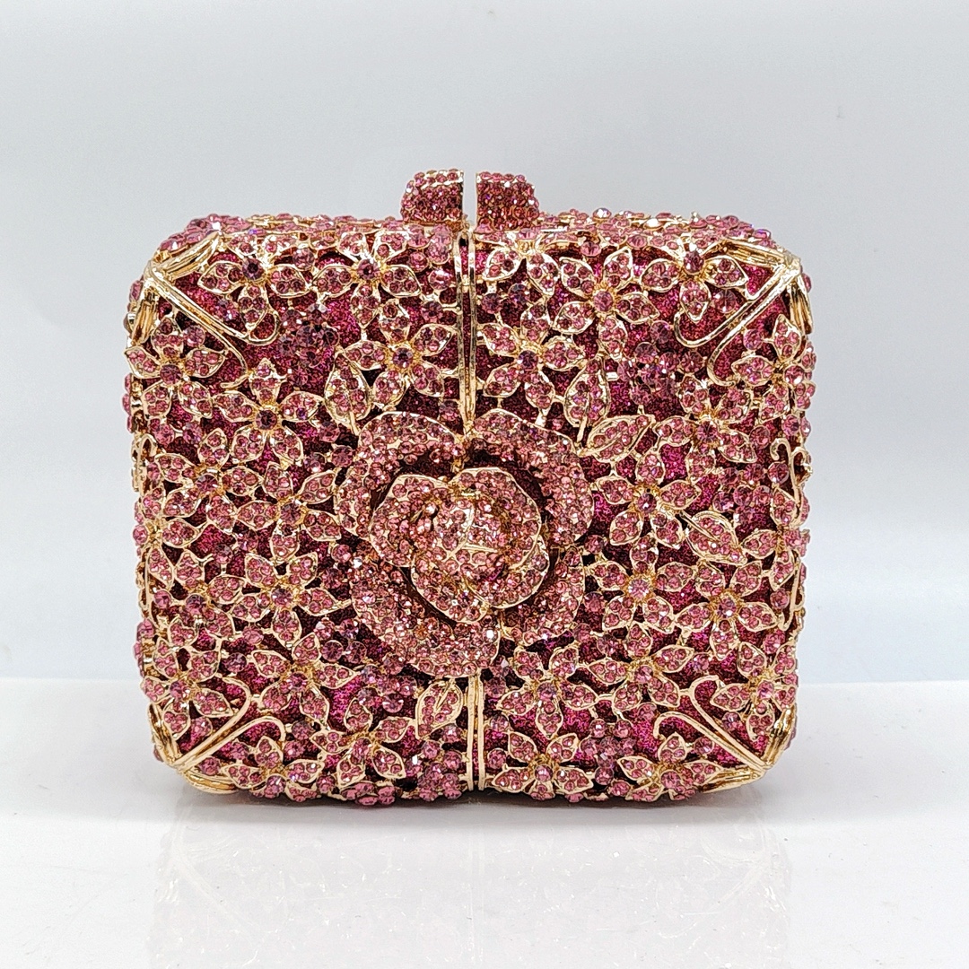 Túi clutch nữ đính đá dạ hội pha lê hoa kim cương kiểu Âu Mỹ — hoa hồng đỏ, hồng nhạt, màu vàng, pha lê màu vàng chi tiết 1