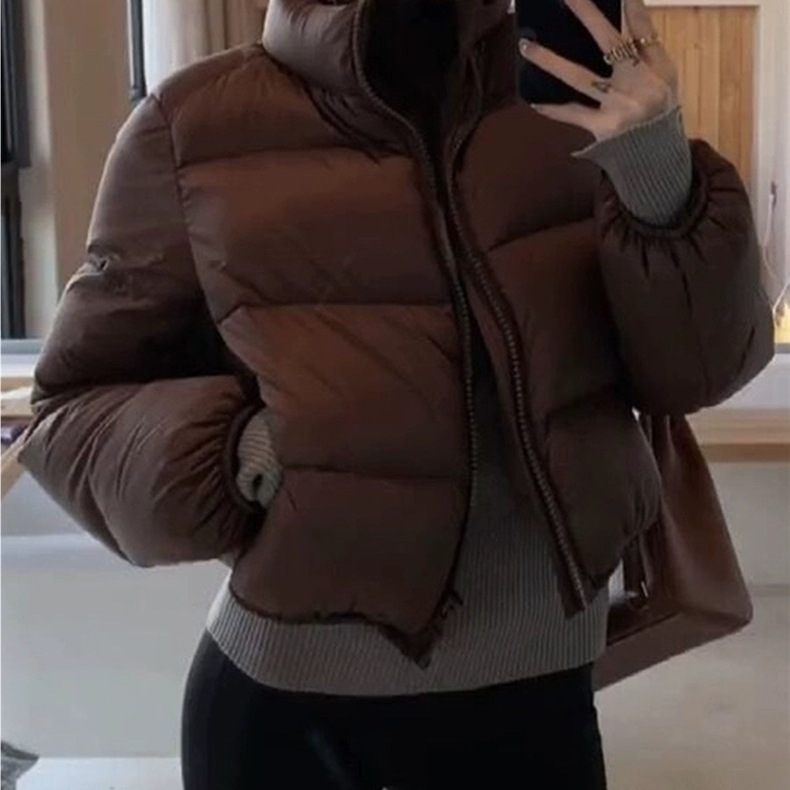 Short Down Coat For Women Stand Collar Coffee Colour Winter Jacket_voghion.com